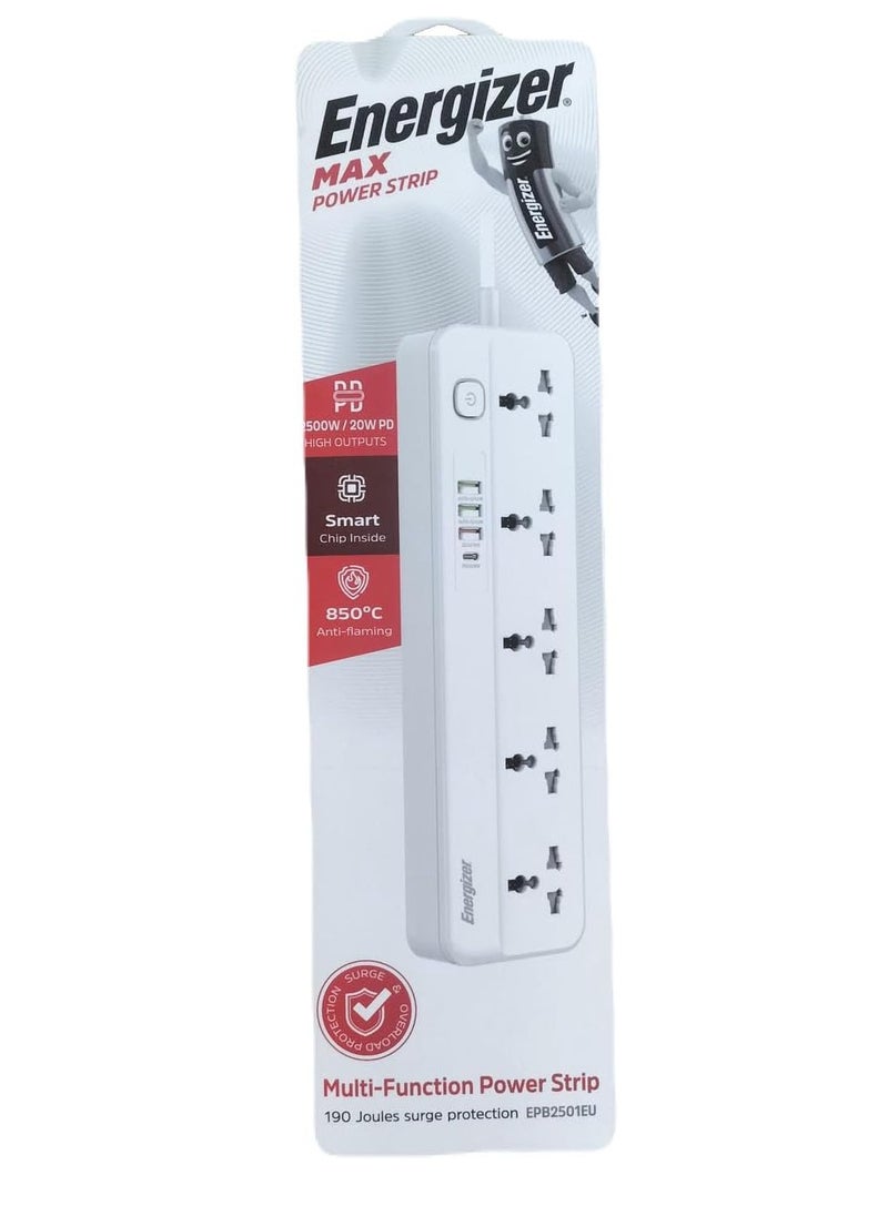 Energizer - Energizer Max Power Strip 10A with Smart overload protection surge 5Output and 3 ports QC18w USB A And PD20w/2500w model epb2501eu - Image 1