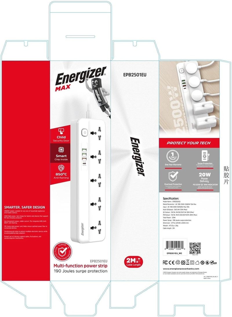 Energizer - Energizer Max Power Strip 10A with Smart overload protection surge 5Output and 3 ports QC18w USB A And PD20w/2500w model epb2501eu - Image 1