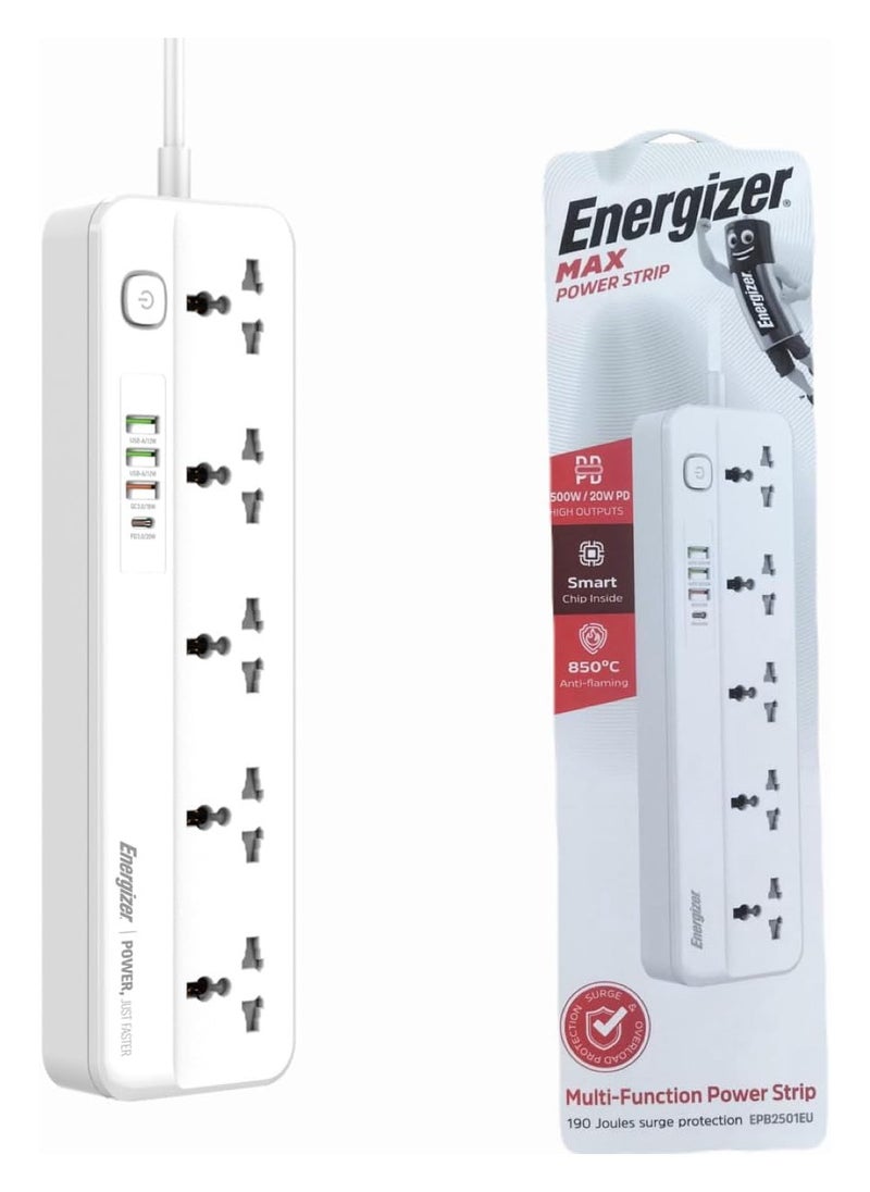 Energizer - Energizer Max Power Strip 10A with Smart overload protection surge 5Output and 3 ports QC18w USB A And PD20w/2500w model epb2501eu - Image 1