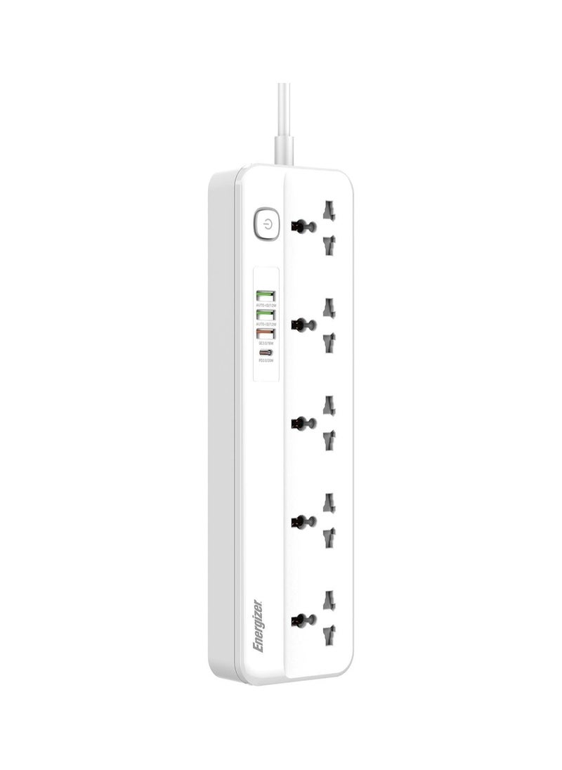 Energizer - Energizer Max Power Strip 10A with Smart overload protection surge 5Output and 3 ports QC18w USB A And PD20w/2500w model epb2501eu - Image 1