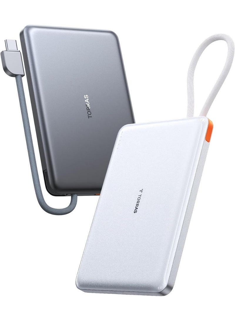 TORRAS 10000 mAh PebbleLink Power Bank with Built-in USB-C Cable, Ultra-Slim Portable Charger USB C, 22.5W Fast Charging Battery Pack for iPhone 16/15/Samsung S24 Ultra/Android, (No-Wireless) - Glacier Grey - Image 1