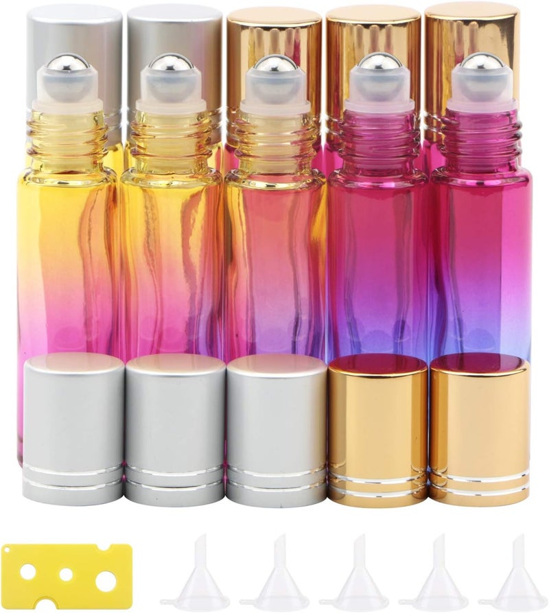 JIUWU 10 Pack 10ml 1/3 Oz Gradient Color Glass Stainless Ball Roller Bottles Beauty Cosmetic Essential Oils Vials Bottles 5 Funnels + 1 Bottle Opener