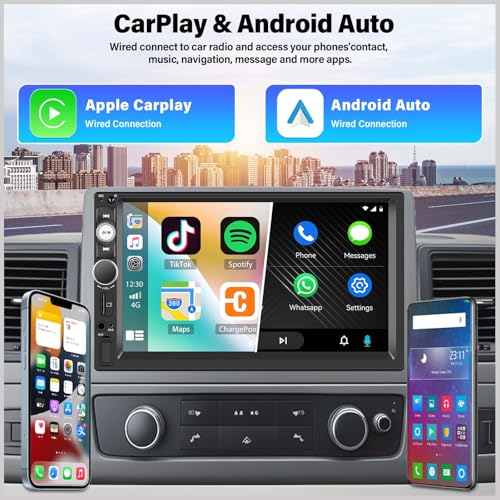 UNITOPSCI وحدة UNITOPSCI ستيريو سيارة مزدوج الدين مع Apple CarPlay و Android Auto بلوتوث شاشة تعمل باللمس 7 بوصة راديو سيارة متعددة الوسائط MP5 مدخل AUX/USB/TF بطاقة إدخال مرآة مع كاميرا خلفية وميكروفون - Image 2