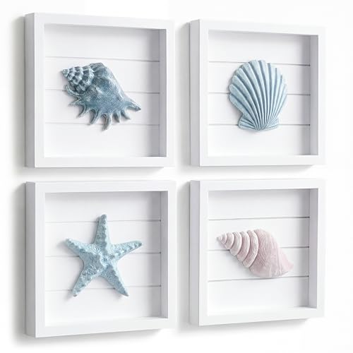 Tide and Tales 3D Seashells Starfish Coastal Wall Art Decor Framed Set of 4 Beach Wall Decor for Bathroom or Coastal Bedroom Ocean Inspired Seaside Decorations for Home or Beach House 7x7 - Image 1