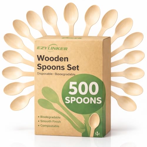 EZYLINKER 500 Wooden Spoons, Disposable Wooden Cutlery Set - Alternative to Plastic, Eco Friendly, Biodegradable, Compostable Cutlery Set - 500 Wooden Spoons Disposable Utensils Set - Image 1