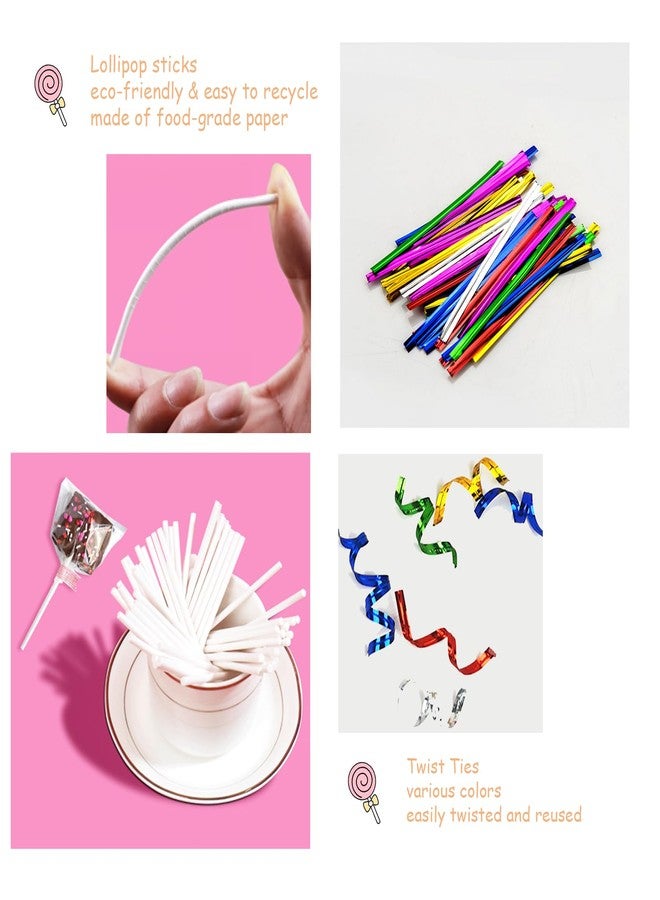 Eiahonen 300 PCS Cake Pop Sticks and Wrappers Kit, Including 100ct 4-inch Papery Lollipop Treat Sticks, 100ct Clear Parcel Bags, 100ct Colorful Twist Ties for Cake Pops, Chocolates and Cookies - Image 4