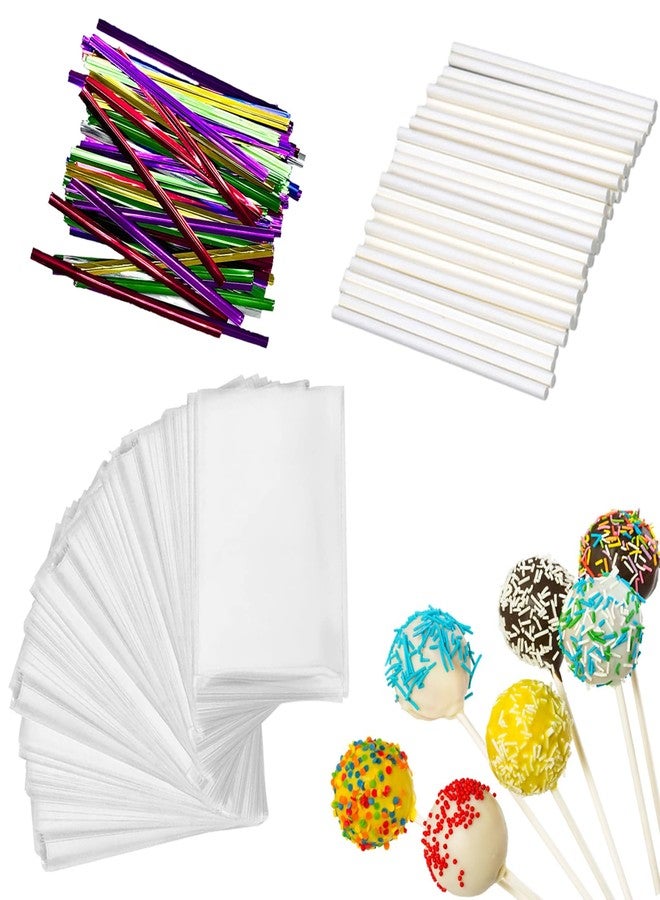 Eiahonen 300 PCS Cake Pop Sticks and Wrappers Kit, Including 100ct 4-inch Papery Lollipop Treat Sticks, 100ct Clear Parcel Bags, 100ct Colorful Twist Ties for Cake Pops, Chocolates and Cookies - Image 1