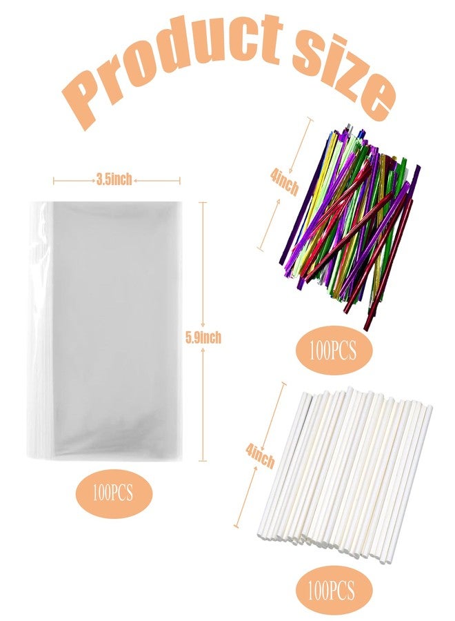 Eiahonen 300 PCS Cake Pop Sticks and Wrappers Kit, Including 100ct 4-inch Papery Lollipop Treat Sticks, 100ct Clear Parcel Bags, 100ct Colorful Twist Ties for Cake Pops, Chocolates and Cookies - Image 2