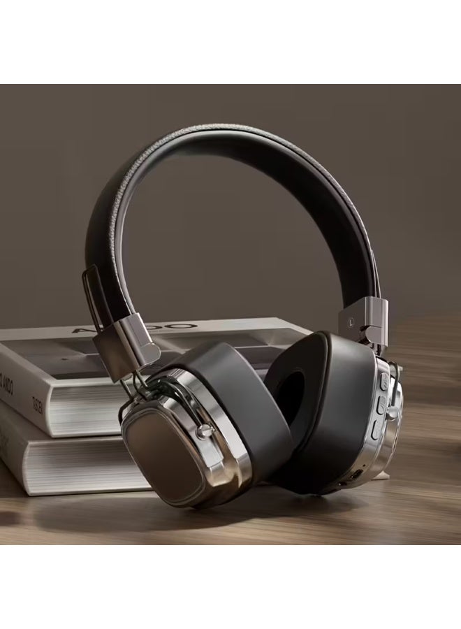 سماعات رأس لاسلكية كلاسيكية، صوت ستيريو عالي الدقة، بلوتوث 5.3، تصميم قابل للطي، وضع استعداد 200 ساعة، حواف معدنية، ملمس جلدي، وضع مزدوج مع ميكروفون، للموسيقى والألعاب (أسود فضي) - Image 3