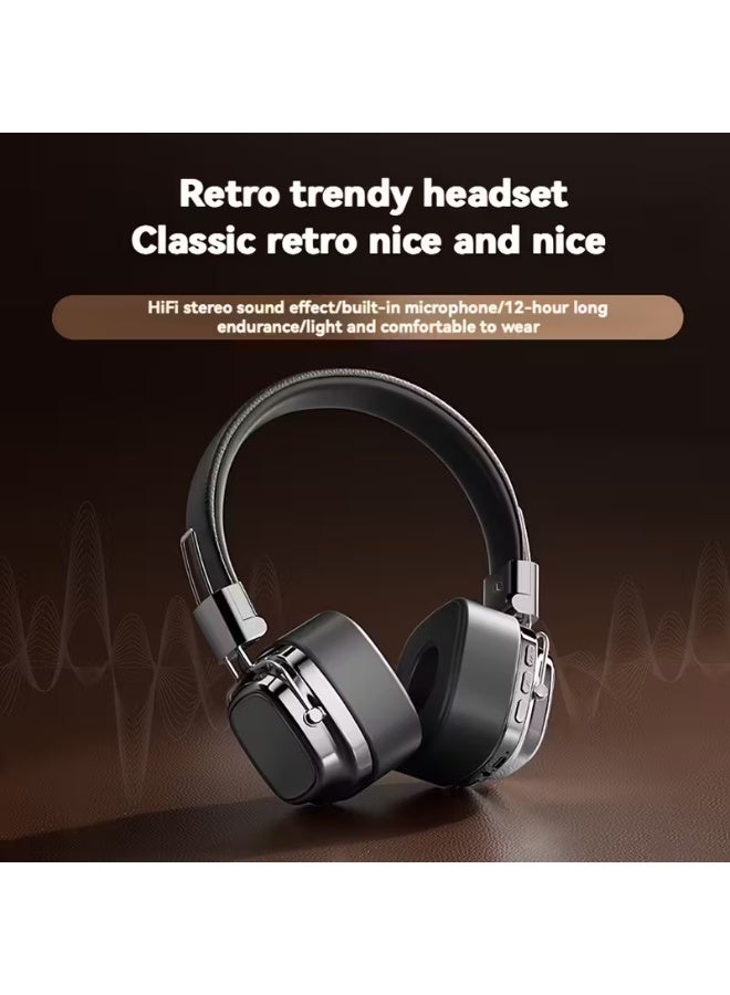 سماعات رأس لاسلكية كلاسيكية، صوت ستيريو عالي الدقة، بلوتوث 5.3، تصميم قابل للطي، وضع استعداد 200 ساعة، حواف معدنية، ملمس جلدي، وضع مزدوج مع ميكروفون، للموسيقى والألعاب (أسود فضي) - Image 4
