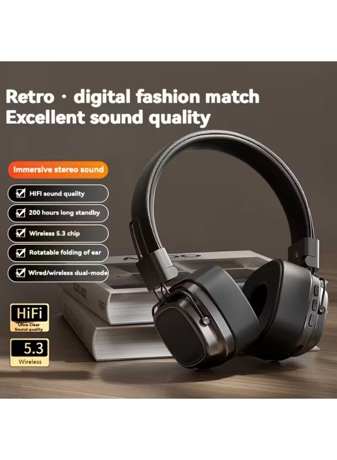 سماعات رأس لاسلكية كلاسيكية، صوت ستيريو عالي الدقة، بلوتوث 5.3، تصميم قابل للطي، وضع استعداد 200 ساعة، حواف معدنية، ملمس جلدي، وضع مزدوج مع ميكروفون، للموسيقى والألعاب (أسود فضي) - Image 2