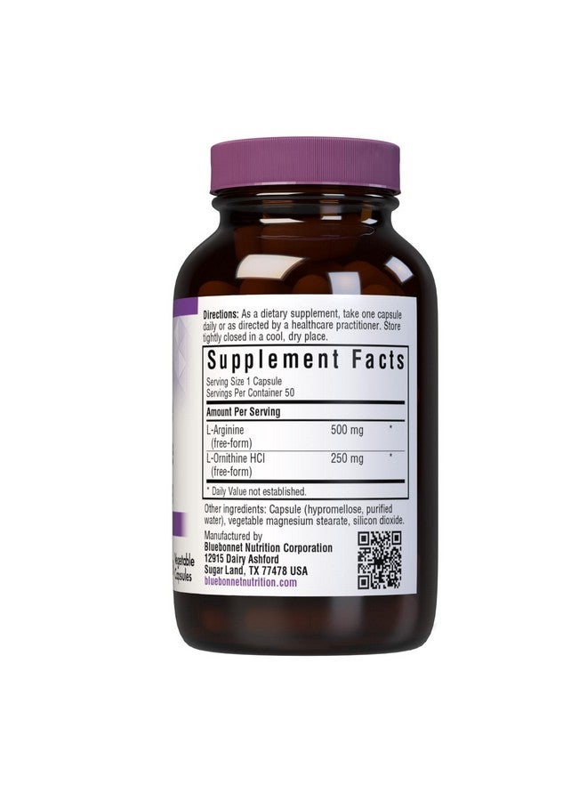 Bluebonnet Nutrition L-Arginine 500mg/L-Orinithine 250mg, Supports Protein Metabolism*, Soy-Free, Gluten-Free, Non-GMO, Kosher Certified, Vegan, 50 Vegetable Capsules, 50 Servings - Image 2
