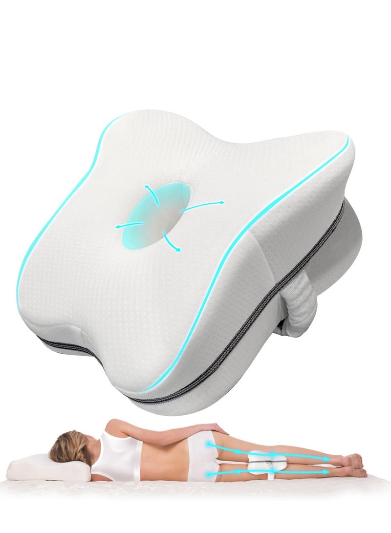 Ergonomic Memory Foam Knee Pillow for Side Sleepers - Contoured Support for Back, Hips & Knees, Pain Relief for Sciatica & Pregnancy, Breathable Cover with Adjustable Strap  - Image 1