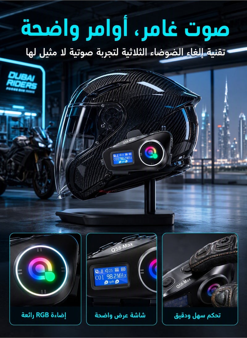 سماعة بلوتوث لخوذة الدراجات النارية، عبوة من قطعتين، نظام اتصال داخلي للخوذة، مكبر صوت لخوذة الدراجات النارية مزود بشاشة، مقاوم للماء بمعيار IP65 ومزود بتقنية إلغاء الضوضاء، سماعات اتصال داخلي بنطاق يصل إلى 500 متر، نظام اتصال مزود بمكبرات صوت مزودة بتقنية إلغاء الضوضاء لراكبين، مناسب لركوب الدراجات النارية/التزلج/ركوب الدراجات/الرياضة، عالمي - Image 2