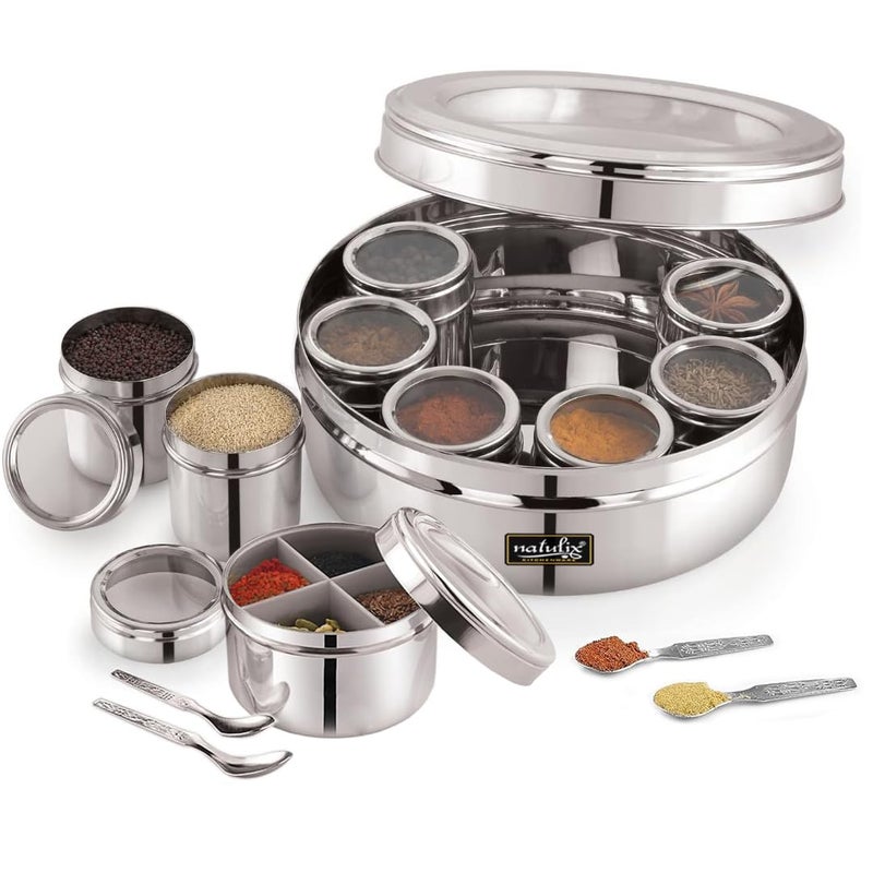 NATULIX Stainless Steel 12 IN 1 Masala Box for Kitchen | Spice Box for Kitchen | Masala Container | Masala Dabba with individual See through lid 4 Spoons | Silver (2.5 Ltr | X-Large | 22.5cm) - Image 1