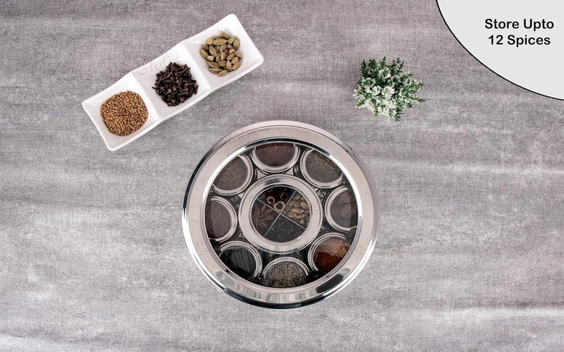 NATULIX Stainless Steel 12 IN 1 Masala Box for Kitchen | Spice Box for Kitchen | Masala Container | Masala Dabba with individual See through lid 4 Spoons | Silver (2.5 Ltr | X-Large | 22.5cm) - Image 4