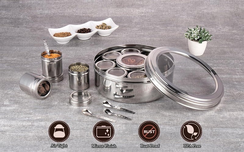NATULIX Stainless Steel 12 IN 1 Masala Box for Kitchen | Spice Box for Kitchen | Masala Container | Masala Dabba with individual See through lid 4 Spoons | Silver (2.5 Ltr | X-Large | 22.5cm) - Image 5