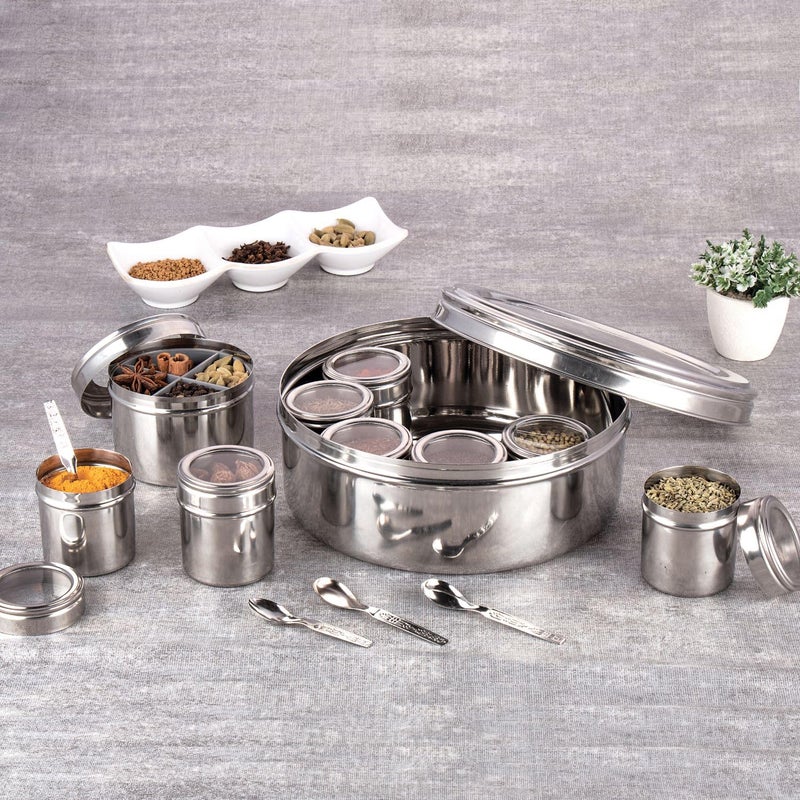 NATULIX Stainless Steel 12 IN 1 Masala Box for Kitchen | Spice Box for Kitchen | Masala Container | Masala Dabba with individual See through lid 4 Spoons | Silver (2.5 Ltr | X-Large | 22.5cm) - Image 2