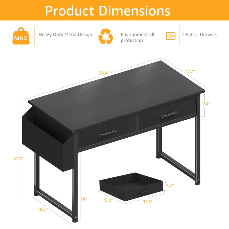 DLisiting Computer Desk with Fabric Drawers for Home Office Bedroom, 40 Inch Small Gaming Desk with 2 Drawers, Study Writing Table PC Desks, Black - Image 3