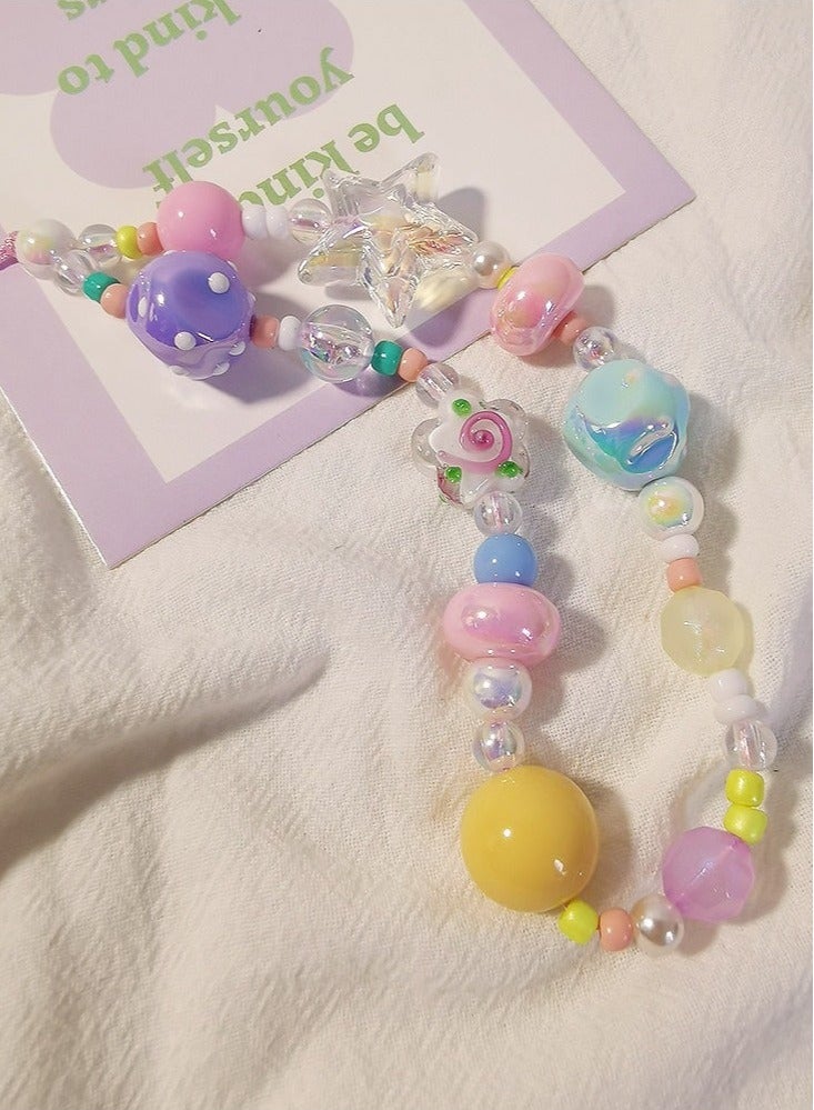 2 PCS Beaded phone charm strap, bracelet-style wrist lanyard, cute camera charm strap, handmade phone case accessories (flowers, stars) - Image 1