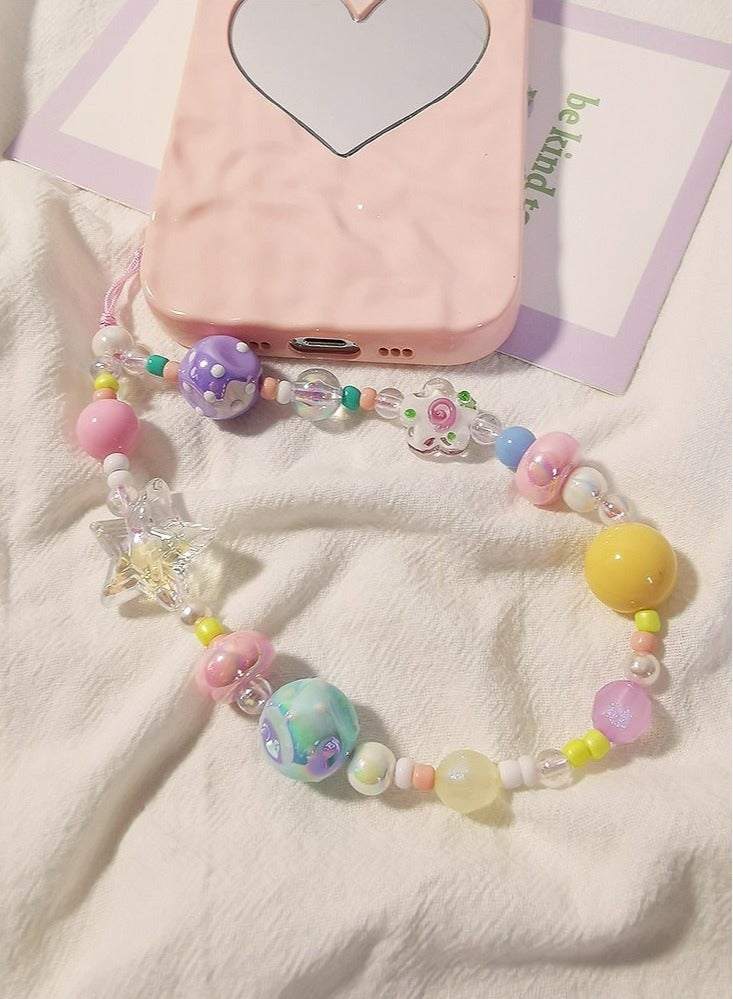 2 PCS Beaded phone charm strap, bracelet-style wrist lanyard, cute camera charm strap, handmade phone case accessories (flowers, stars) - Image 4