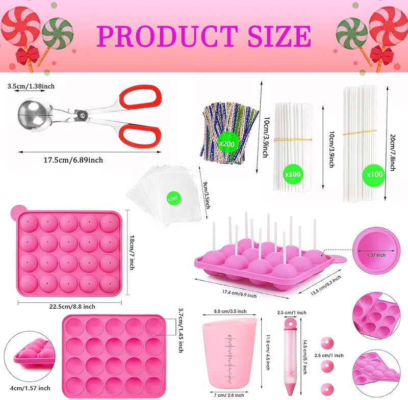 YIICUZP 606Pcs Cake Pop Kit,Silicone Lollipop Molds Including Lollipop Sticks,Measuring Cup,Treat Bags,Twist Ties,Decorating Pen,Meat Baller with Handles,Round Mold,Lollipop, Candy,Display Stand Holder(Pink) - Image 2