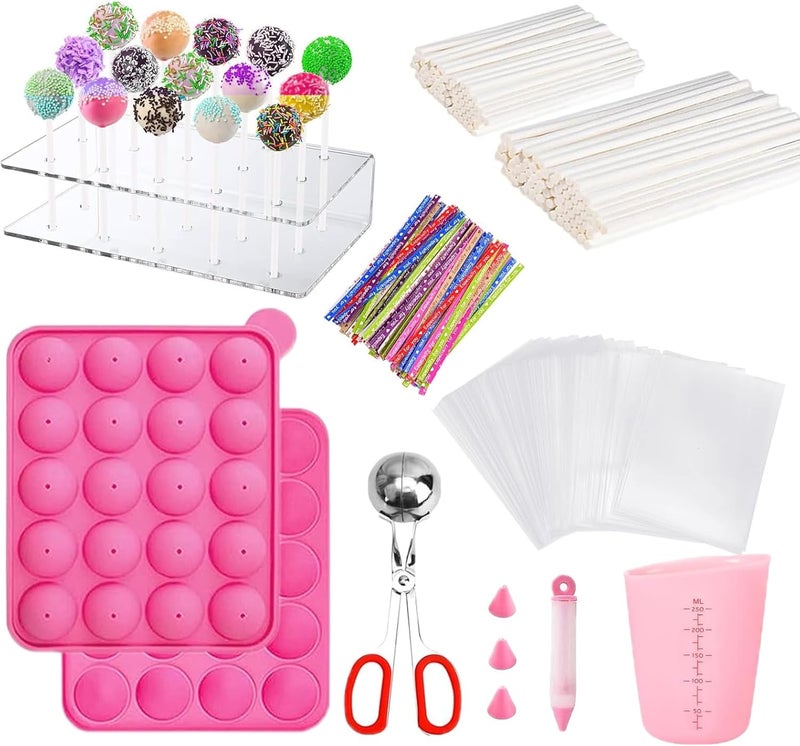 YIICUZP 606Pcs Cake Pop Kit,Silicone Lollipop Molds Including Lollipop Sticks,Measuring Cup,Treat Bags,Twist Ties,Decorating Pen,Meat Baller with Handles,Round Mold,Lollipop, Candy,Display Stand Holder(Pink) - Image 1