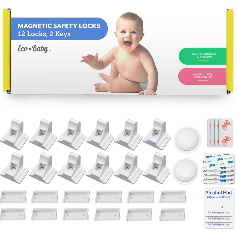 Eco-Baby Eco Baby Magnetic Cabinet Locks for Babies - Magnetic Baby Proofing Cabinet Locks, Child Locks for Cabinets Drawers Doors for Back to School - Easy Installation No Tools Required (12 Pack and 2 Keys) - Image 1