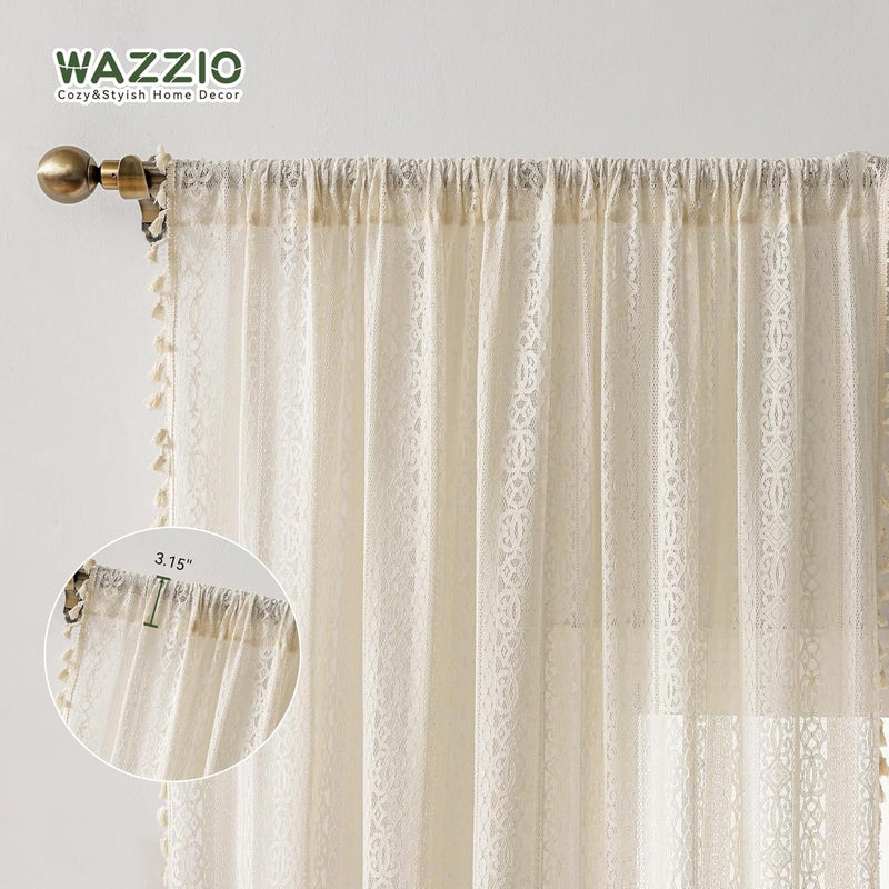 WAZZIO Boho Lace Curtains with Tassel 84 inch Curtains 2 Panel,Rod Pocket Vintage Bohemian Crochet Curtains Geometry Privacy Cream Sheer Curtains Drapes Farmhouse Curtains for Living Room Bedroom,Beige - Image 4