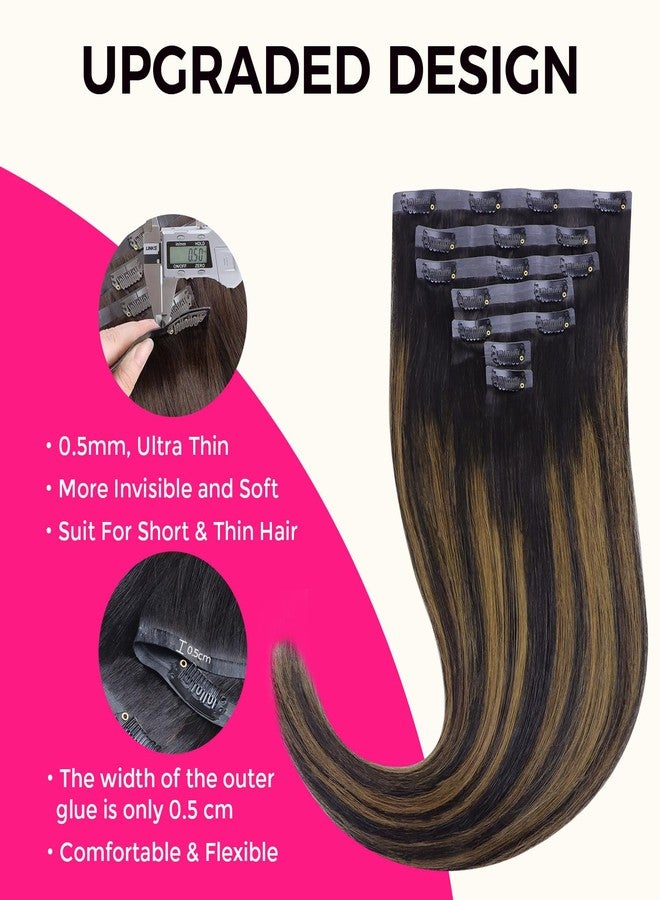 لاشي وصلات شعر لاشي بدون خياطة، مشابك مستقيمة، 110 غرام، لون أسود طبيعي ممزوج ببني كستنائي، 14 بوصة، 7 قطع، خصلات من البولي يوريثان، وصلات شعر بمشابك، شعر بشري حقيقي بحواف غير مرئية للنساء - Image 4