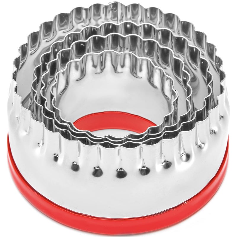 COOKIEQUE COOKIEQUE 4-Pieces Fluted Round Cookie Cutters  Metal Circle Biscuit Cutters Set  Wave Cookies Cutter with Fluted Edge  Unique Design with Protective Red Top PVC  - Image 1