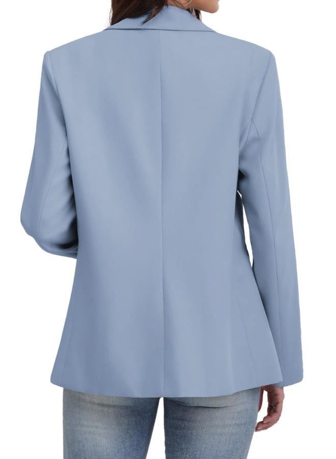 ELLEVEN Blazers for Women Business Casual Work Office Long Sleeve Lightweight Button Pockets Notched Lapel Collar Slim Fit Professional Suit Jacket Coat Outfits Padded Shoulder Airy Blue X-Small - Image 2