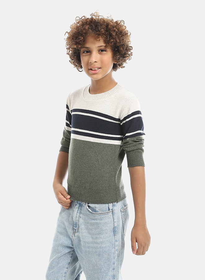 Andora Crew Neck Stripped Pullover-Beige & Green & Navy - Image 2