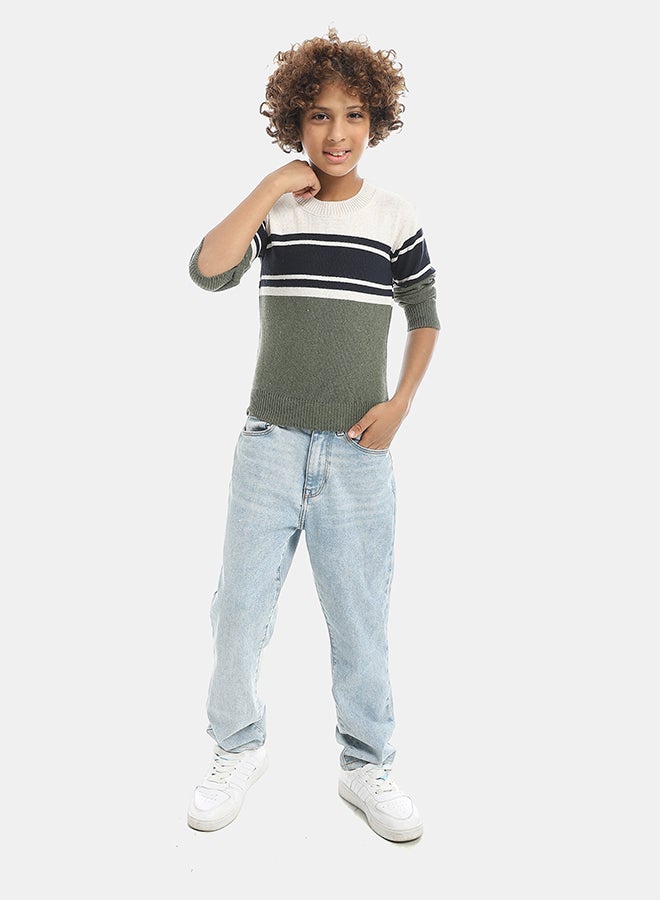 Andora Crew Neck Stripped Pullover-Beige & Green & Navy - Image 5