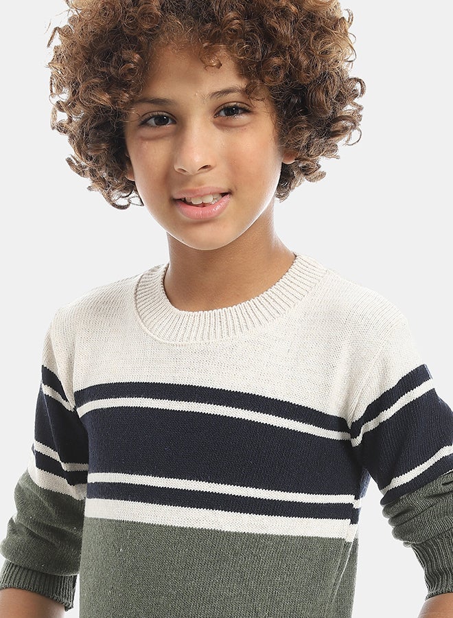 Andora Crew Neck Stripped Pullover-Beige & Green & Navy - Image 4