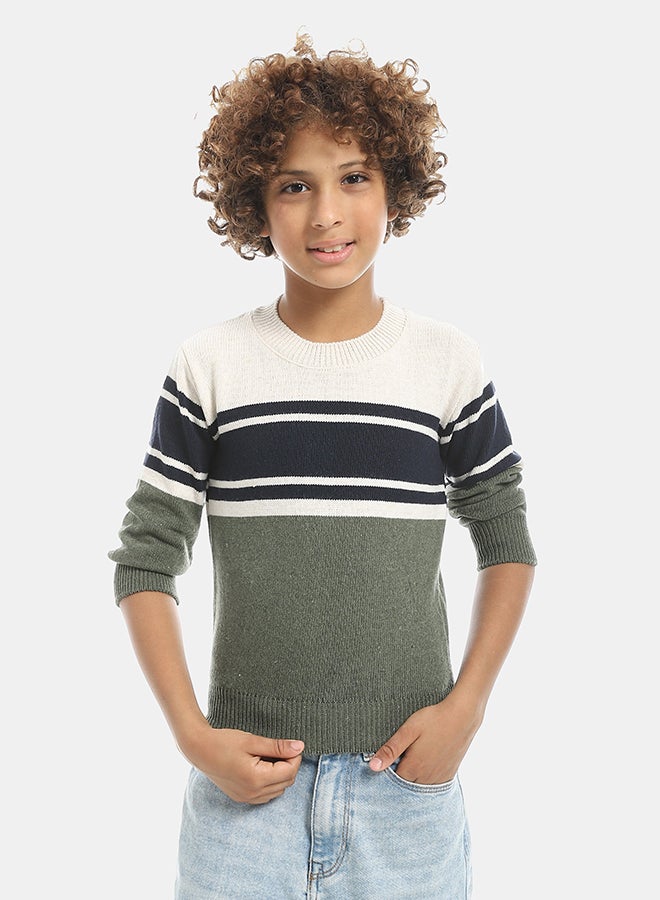 Andora Crew Neck Stripped Pullover-Beige & Green & Navy - Image 1