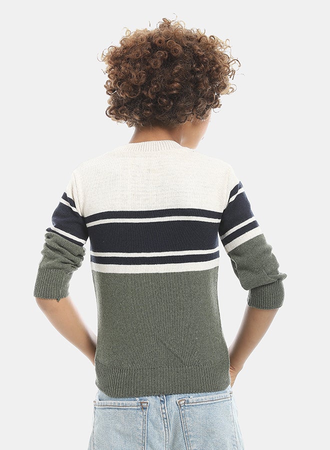 Andora Crew Neck Stripped Pullover-Beige & Green & Navy - Image 3