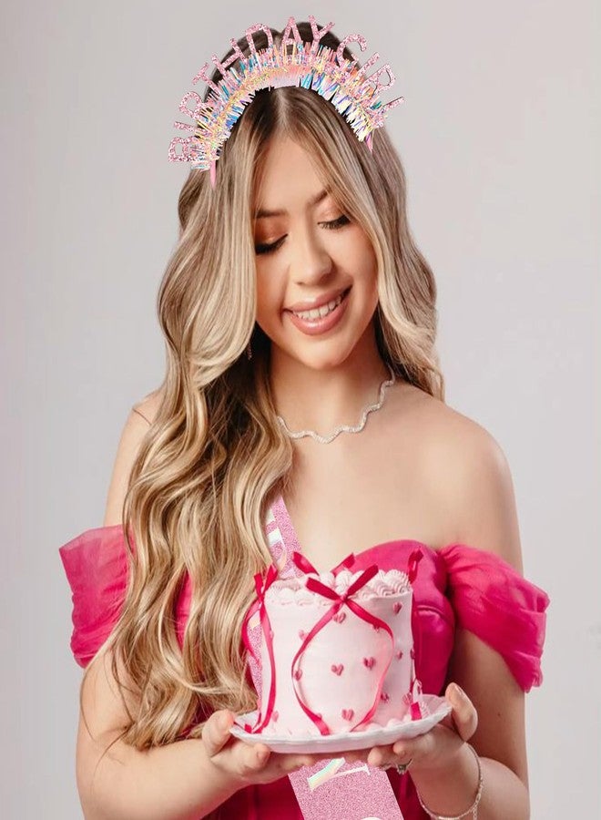 CUBACO Birthday Girl Crown and Sash for Women, Pink Birthday Decorations Gifts Outfits for Women 21st Sweet 16 Girls Headband Princess Accessories Party Favors - Image 2