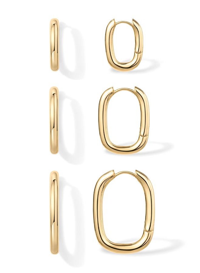 PAVOI 18K Gold Plated Sterling Silver Posts Small Hoop Earrings for Women - Trendy Geometric Plain Chunky Huggie Earscape Piercing Pack - Everyday Gold Hoop Earrings Set, 14mm 18mm and 22mm, Yellow - Image 1