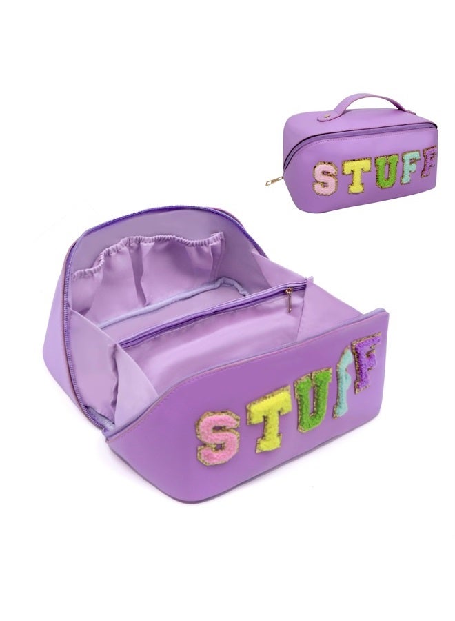 LO LORD LO Cosmetic Bag Travel Makeup Toiletry Bag Large Capacity Chenille Letter Stuff Tote for Women Purple - Image 1
