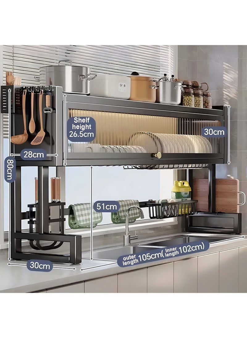 تايمي مجفف صحون - رف تجفيف الأطباق فوق الحوض بثلاثة مستويات مع غطاء - منظم مطبخ وحامل اطباق وادوات المائدة موفر للمساحة مقاس 105سم اسود - Image 1