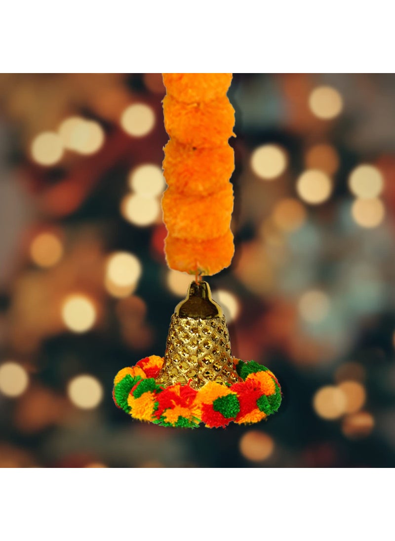 iHandikart iHandikart Marigold Garland Fluffy Artificial with Pom Pom Bell in The Bottom Used for Diwali DecorationDiwali GiftHome Decoration Size 33 inch Colour Light Orange Pack of 2 334022  - Image 3