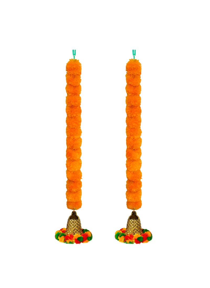 iHandikart iHandikart Marigold Garland Fluffy Artificial with Pom Pom Bell in The Bottom Used for Diwali DecorationDiwali GiftHome Decoration Size 33 inch Colour Light Orange Pack of 2 334022  - Image 1