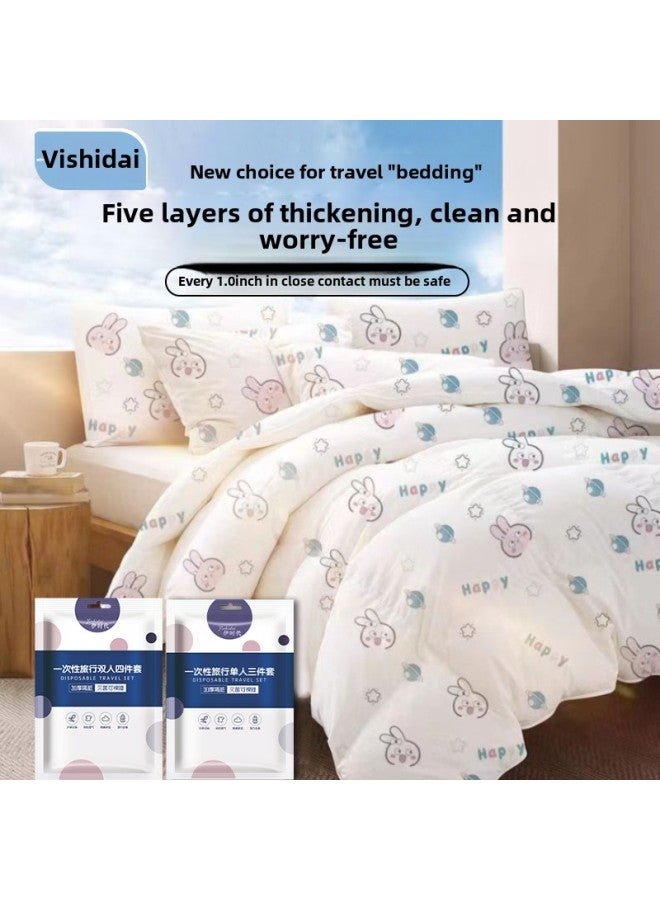 Disposable Bed Sheet Quilt Cover Pillowcase Four-piece Travel Portable Disposable Hotel Supplies Bed & Breakfast Hotel Thickened-Color:Printed Four-piece Set [random Style]] - Image 2