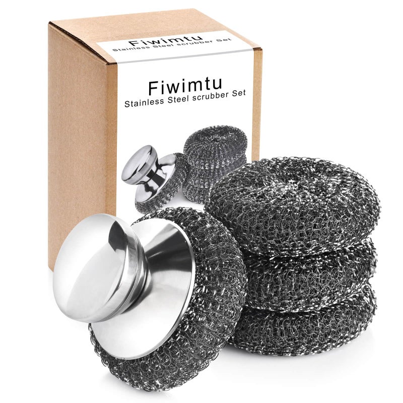 Fiwimtu 4PCS Steel Wool Scrubber Pads, Stainless Steel Scrubber Set with 3Pcs Steel Wool Pads, Steel Scrubber for Dishes, Ideal for Cleaning Cast Iron, Pots, Pans, Grills, Stoves, Sink, Kitchen Household - Image 1