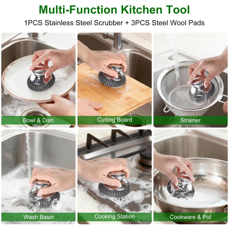 Fiwimtu 4PCS Steel Wool Scrubber Pads, Stainless Steel Scrubber Set with 3Pcs Steel Wool Pads, Steel Scrubber for Dishes, Ideal for Cleaning Cast Iron, Pots, Pans, Grills, Stoves, Sink, Kitchen Household - Image 5