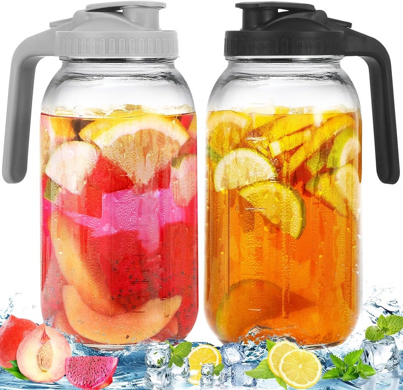 FEODSEW 2 Pack Glass Pitchers with Lid, 64 oz Sun Tea Pitcher, Half Gallon Mason Jar Pitcher with Wide Mouth Airtight Lid for Ice Tea, Cold Brew Coffee, Fridge Water, Milk, Juices, Leak Proof Water Jug - Image 1