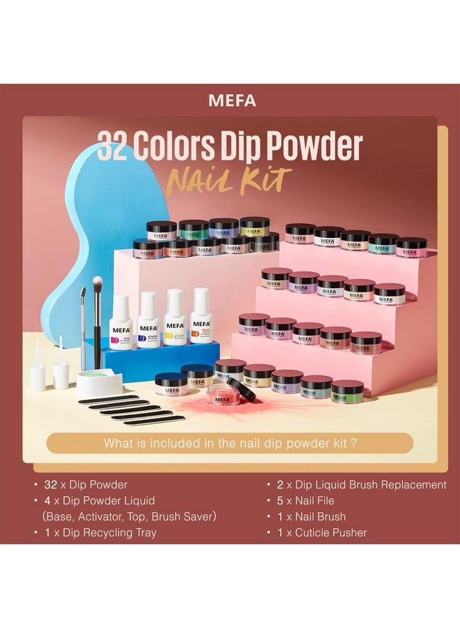 MEFA Dip Powder Nail Kit Pink Glitter Clear Nude White 32 Colors Dipping Powder with Base Top Coat Activator Brush Saver Liquid Set Nail Powder Tray, All Seasons Tones French Nail Art Manicure - Image 5