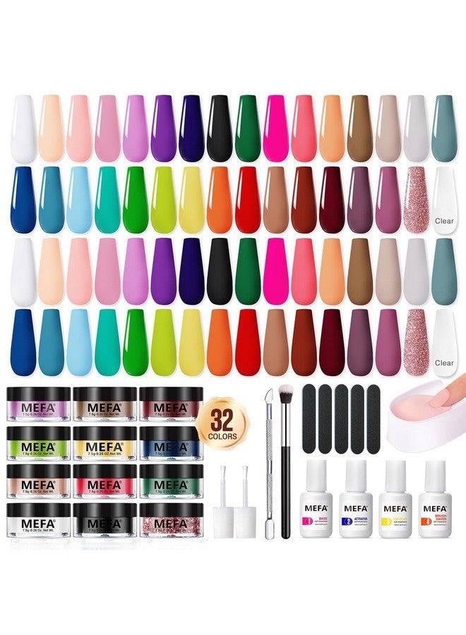 MEFA Dip Powder Nail Kit Pink Glitter Clear Nude White 32 Colors Dipping Powder with Base Top Coat Activator Brush Saver Liquid Set Nail Powder Tray, All Seasons Tones French Nail Art Manicure - Image 1