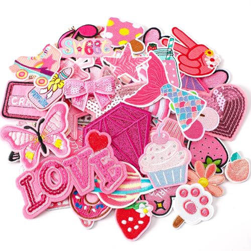 60pcs Pink Embroidered Patches Random Assorted Styles Pink Theme Iron on Patches for Girls Western Cowgirl DIY Sew Applique Repair Patch Cute Preppy Sew on Patches for Backpacks Pants Clothes Jeans
